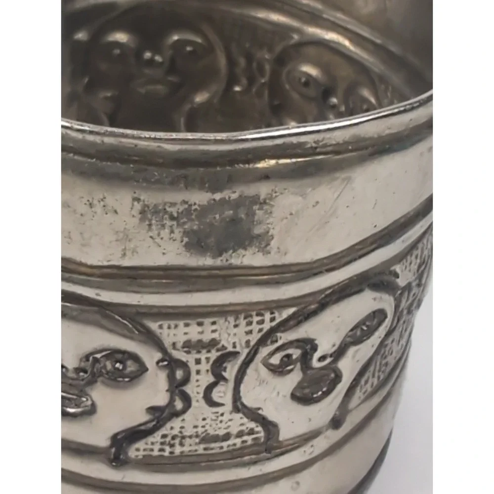 Vintage Boho Wide Cuff Bracelet Embossed  Silver Tone Ornate Carved Faces 2X2.5
